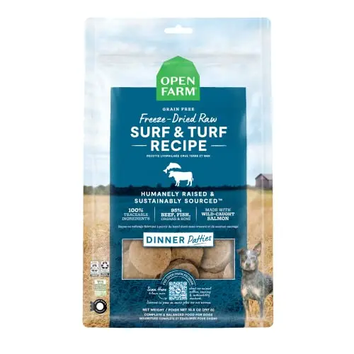 Freeze-dried raw surf and turf dog patties with salmon and beef