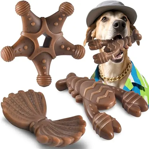 NEZIN 3-pack starfish, shell, and lobster shaped dog chew toys with beef flavour
