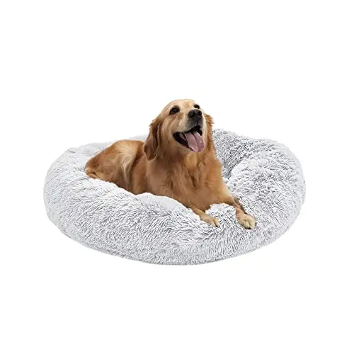 Vugesu Large Calming Donut Dog Bed in light grey with long plush faux fur