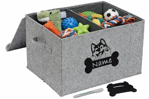 Brabtod gray fabric dog toy box with bone sticker and double lid