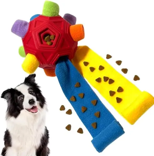 Red rainbow snuffle ball dog toy with cloth strips