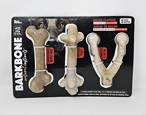 Barkbone Natural Instincts three‑pack: dinosaur, stick, and wishbone nylon chews