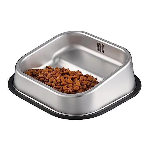 Stainless steel slanted dog bowl with step-slide interior for English bulldogs