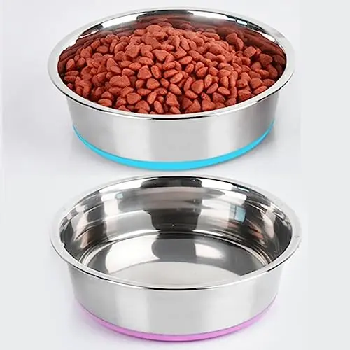 Wedawn deep stainless steel dog bowls with blue and rose red rubber bases