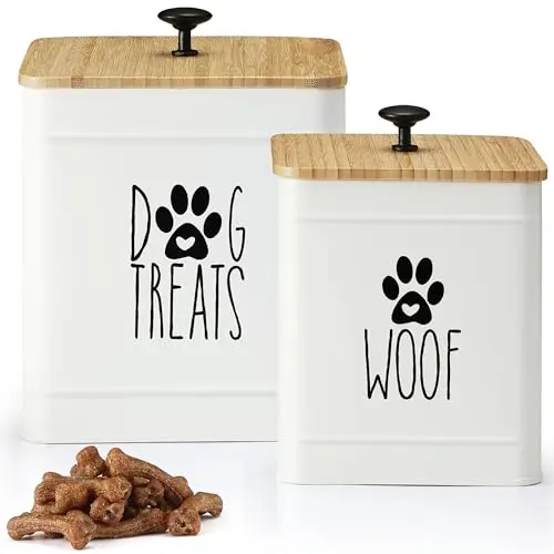 White Perfnique set of two rectangular metal dog treat jars with bamboo lids and black handles