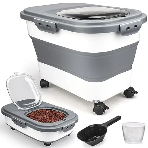 Viretec collapsible dog food container with magnetic flip-top lid, white