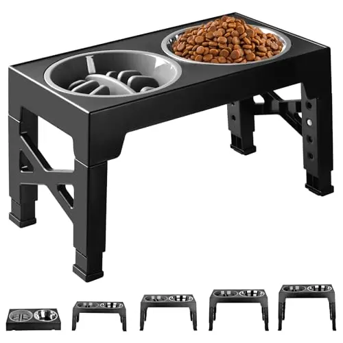 Black Cupet elevated dog bowl stand with two stainless bowls and one slow feeder bowl, displayed on a light floor