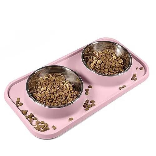 L.D.Dog pink cat and dog bowl set with elevated stand and silicone non-skid pads