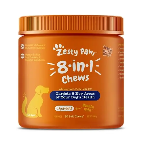 Zesty Paws 8-in-1 Multivitamin Chewables container with peanut butter flavour