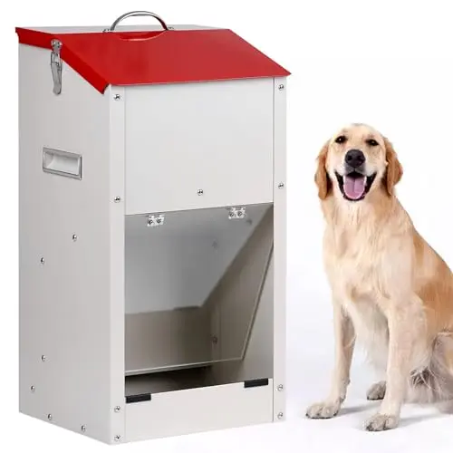 KHEARPSL galvanized steel automatic dog feeder mounted on a barn wall with a large dog eating