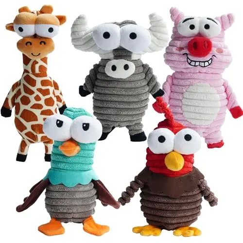 Five colourful animal-shaped plush dog toys - a rooster, pig, giraffe, buffalo, and duck - each with a unique squeaker sound.