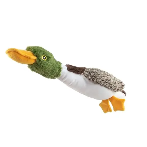 A brown mallard duck plush dog toy with a squeaker inside, lying on a white background.