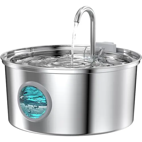 FOFNON stainless steel pet water fountain with waterfall and water level window