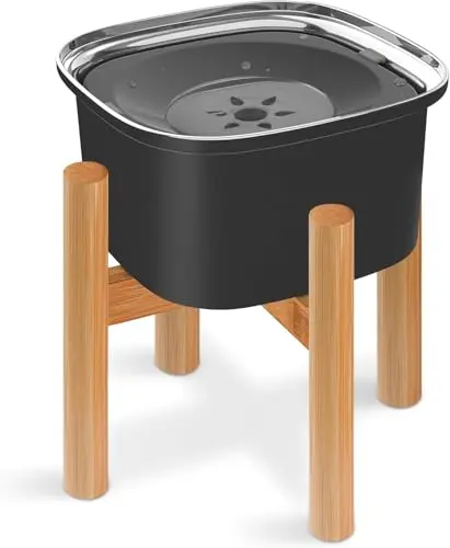 Decflow elevated dog water bowl with wooden stand and floating disk