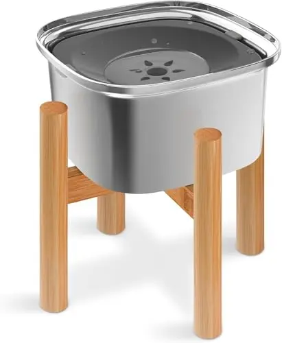Decflow elevated water bowl with stainless steel bowl, floating disk, and bamboo wood stand