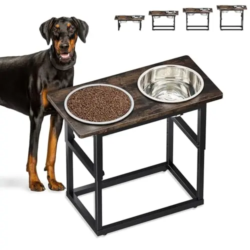 Zarler wooden elevated dog bowl stand with metal frame and two large stainless steel bowls