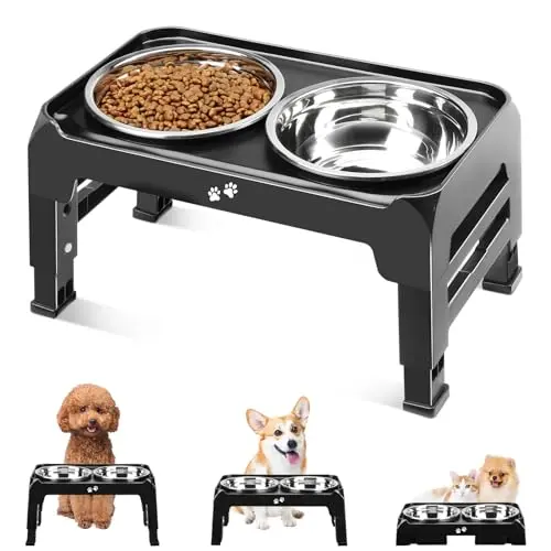 COMESOON elevated dog bowls with adjustable stand and two stainless steel bowls in black