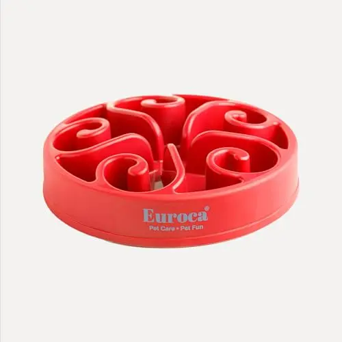Euroca red slow feeder dog bowl with simple maze pattern