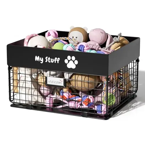 qeerable black metal dog toy basket with label and bone cutouts