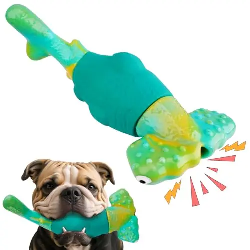 Green hammerhead shark dog chew toy with rubber midsection and nylon ends
