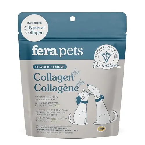 Fera Pets Collagen Powder dog food topper with UC-II in a tub with scoop