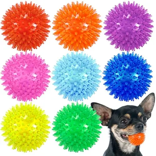 Eight colourful Ousiya spiky squeaky dog balls, 2.5 inch size