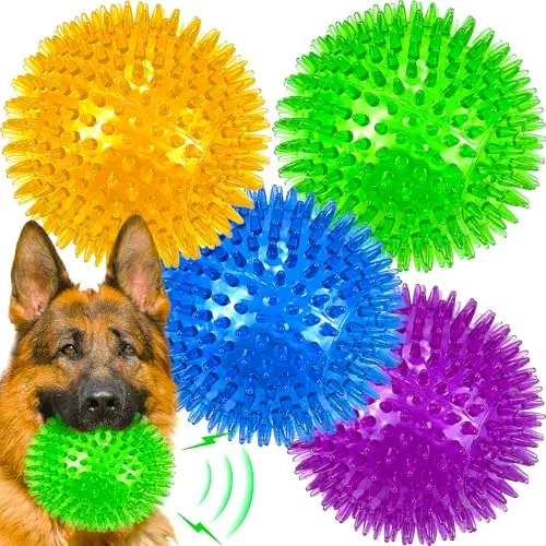 Four large multi-coloured spiky LECHONG dog balls with squeakers