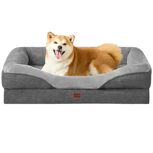 EHEYCIGA Large Orthopedic Dog Couch in grey with Sherpa top and four-sided bolster