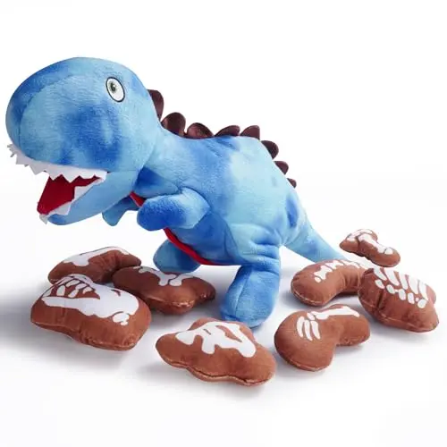 Nocciola Plush Dinosaur Dog Toy set of 9 with squeaky fossil bones hidden inside
