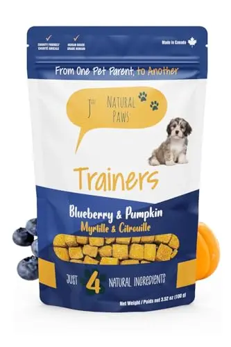 Just Natural Paws Blueberry and Pumpkin crunchy dog training biscuits bag