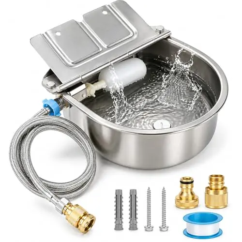 FHTONGE stainless steel outdoor dog water bowl with float valve and hose connection