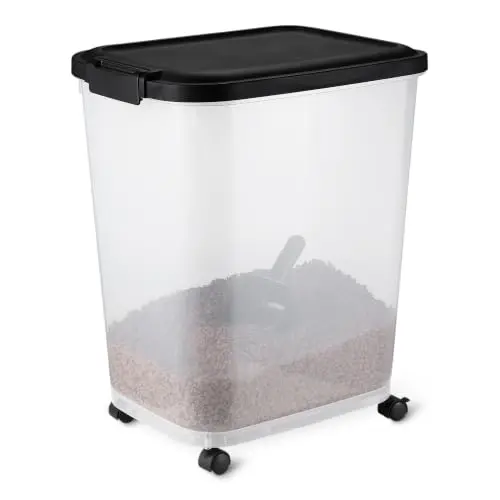 Amazon Basics rolling dog food storage container, transparent and black