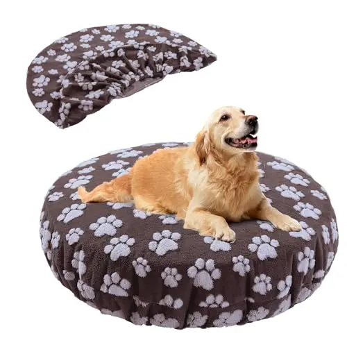 BALAPET Washable Dog Bed Covers Replacement Round Waterproof brown with paw print