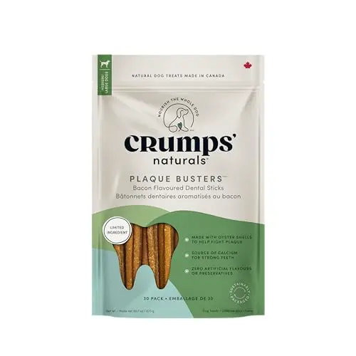 Crumps Naturals Plaque Busters dental dog treats with bacon in a bag