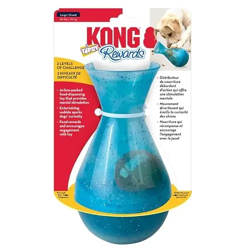 KONG Tipsy, blue and white treat dispenser, ball inside visible, wobble on floor
