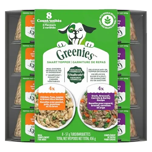 Greenies Smart Topper variety pack containing chicken and duck wet dog food toppers in single-serve bowls
