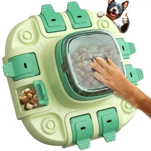 KADTC soft-green dog puzzle with central press button and treat compartments