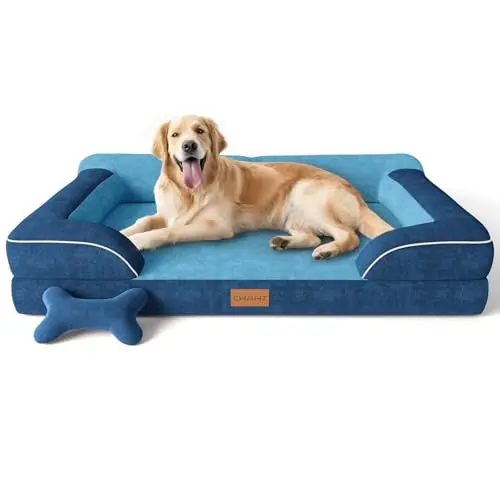 CWAWZ XL Orthopedic Dog Bed in navy blue with bone toy included