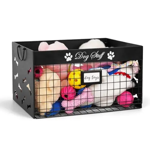 Bfttlity black metal dog toy basket with bone cutouts and label area