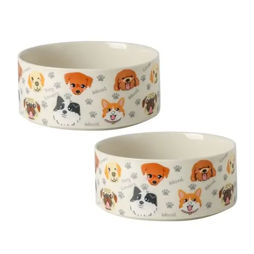 Seyatoo white ceramic dog bowls with cute pattern, set of two