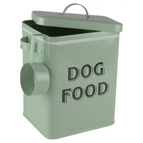 Green Pethiy rectangular tin with 'DOG FOOD' label and metal scoop hanging on the side