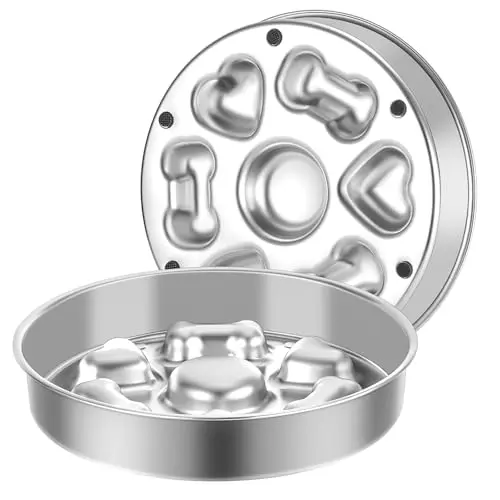 Yemqloft shallow stainless steel slow feeder dog bowl with bone and heart pattern