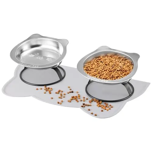 HBGmao-hao Elevated Tilted Cat Bowl with non-slip mat, wide shallow stainless steel bowls