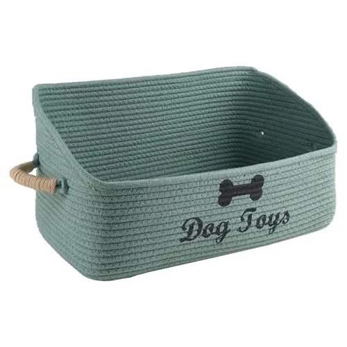 Brabtod green cotton rope dog toy basket with sturdy handle
