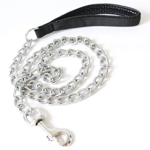 Frxat heavy duty dog leash chrome chain with black PU leather handle
