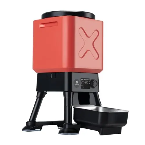 MOLLY&CODY 14L automatic dog feeder with stainless steel bowl and red accent on a kitchen mat