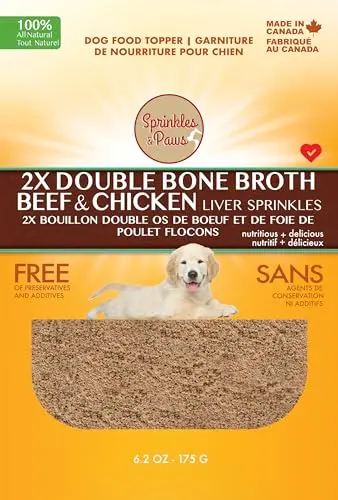 Sprinkles & Paws 2X Double Bone Broth Liver Powder for Dogs, 190g bag of beef and chicken bone broth powder topper.
