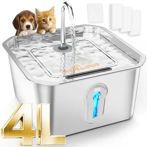 UPAWPIA 4L stainless steel pet fountain with dual flow and LED window