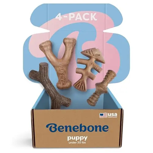 Benebone Puppy 4-Pack dog chew toys in assorted shapes with real bacon flavour