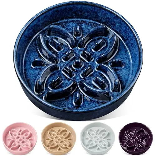 vancasso blue ceramic slow feeder dog bowl with floral maze pattern